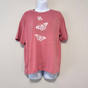 Shein Women's Small Pink w/ White Butterfly Oversized Short Sleeve T-Shirt NIB